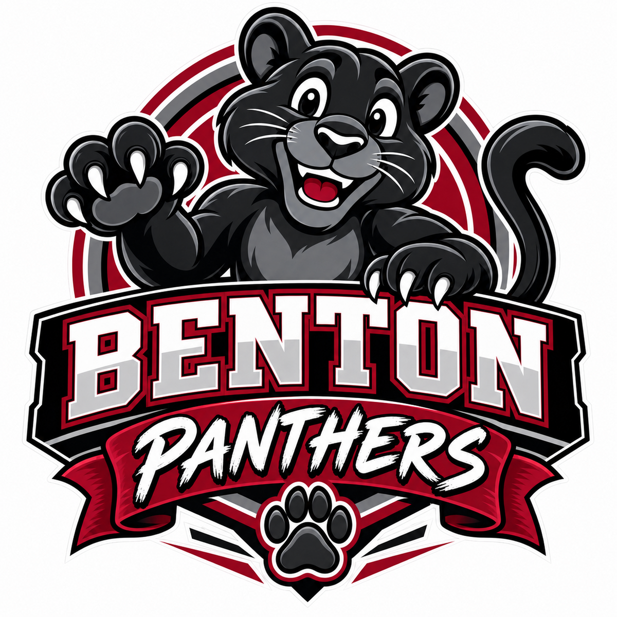 Benton Panthers mascot logo featuring a black panther cartoon character waving, with the words 'BENTON PANTHERS' on a red and white banner and a black paw print below, on a white background.