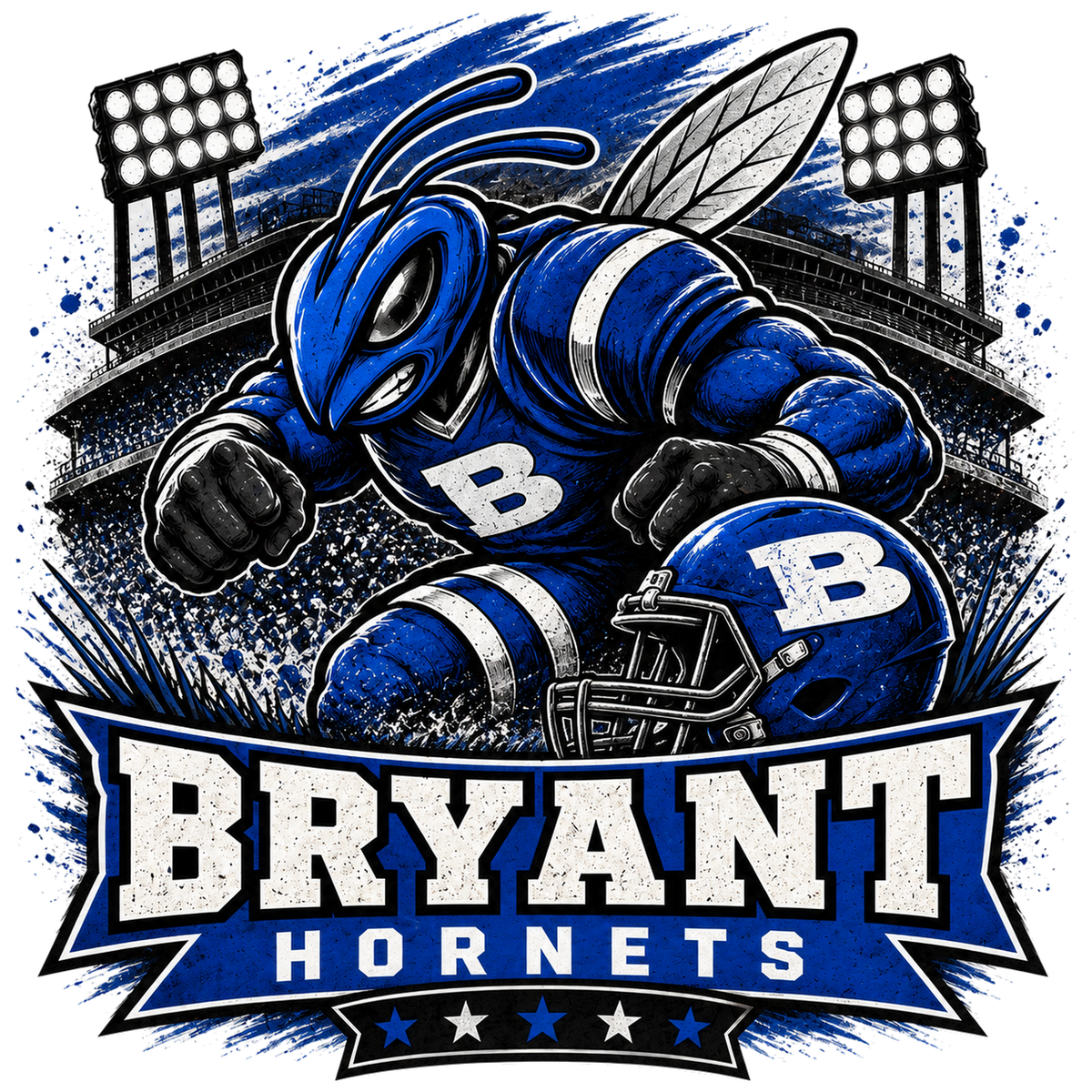 Bryant Hornets sports graphic featuring a blue hornet mascot wearing a football uniform with the letter B, a helmet, and stadium lights, with large text reading BRYANT HORNETS below.